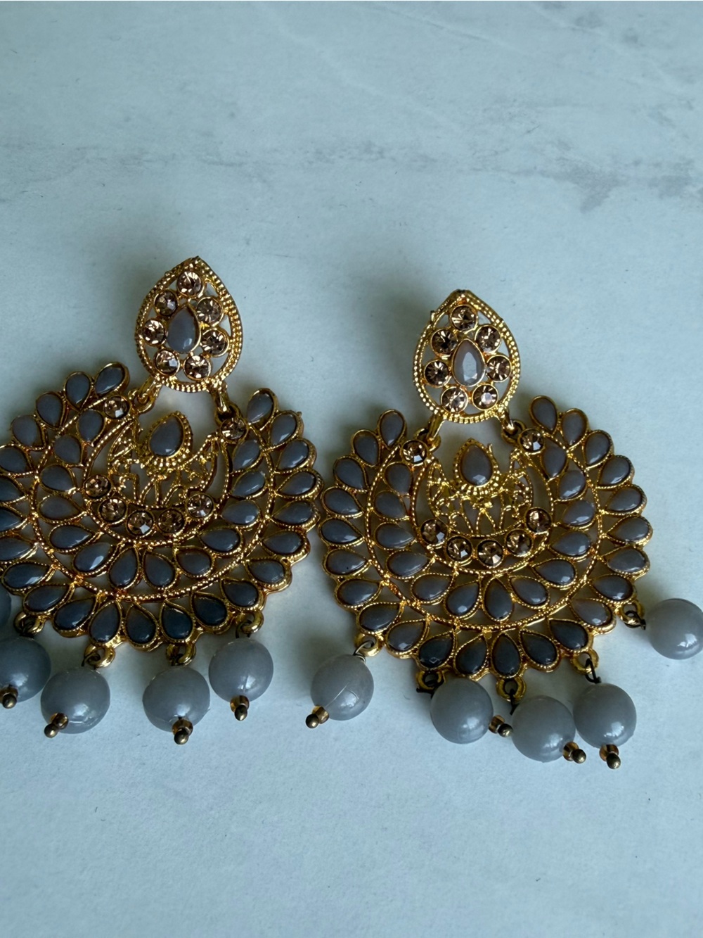 Gold-Tone Filigree Drop Earrings with Gray Beads